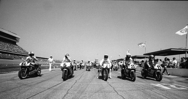 Daytona '90 start The front row for the 1990 Daytona 200 with pole winner Thomas Stevens (No. 11) starting on the inside line. Next to him was Vance & Hines Yamaha teammate David Sadowski (No. 25), Jamie James on the No. 1 Ferracci Ducati 851, Randy Renfrow on the No. 5 Commonwealth Honda RC30 and Brit Niall Mackenzie on the No. 84 Loctite Yamaha OW01. Sadowski won the race. (Larry Lawrence photo)