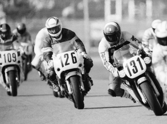 Harrison, Steven - Daytona '90 750SS Steven Harrison (No. 131) starts to turn in his Kawasaki in the second horseshoe at Daytona International Speedway during the 1990 AMA 750 Supersport final. Harrison is leading Joe Milanesi (No. 126 Suzuki) and Robert Wright (No. 109 Suzuki). I believe that’s James McGrath behind Wright on the No. 74 Suzuki. Milanesi was the best finisher of this group. (Larry Lawrence photo)
