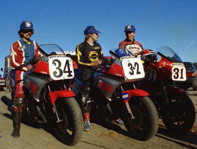 Key, Gibson, Moen - GNF '85 Lined up, likely after their A Production battle, are Wisconsin’s Ed Key, Gary Gibson, from Illinois and Texan Meril Moen at the 1985 WERA Grand National Finals. Moen won that year’s championship. (Greg Sickmeier photo)