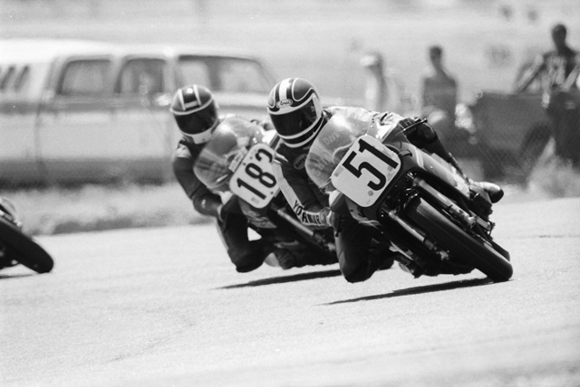 Langford, Dave - Willow '86 Dave Langford (No. 51) leads fellow Suzuki GSXR mounted Richard Moore (No. 183) in an AFM 750 Stock Production race in September of 1986. Langford beat out Moore for second in the race that day. (Larry Lawrence photo)