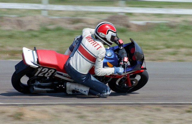 Moffitt, Russell - TGPR 3-87 Russell Moffitt races his Honda 500 Interceptor at Talladega Gran Prix Raceway in March of 1987. In ’87 Moffitt was one of the fastest novice riders in WERA. (Larry Lawrence photo)