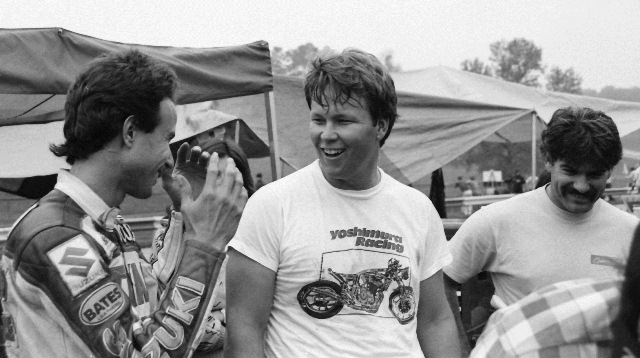 Polen, Gray, Harth - GNF '86 Doug Polen looks to be telling Scott Gray and Mike Harth something funny at Road Atlanta during the WERA Grand National Finals in November of 1986. (Larry Lawrence photo)