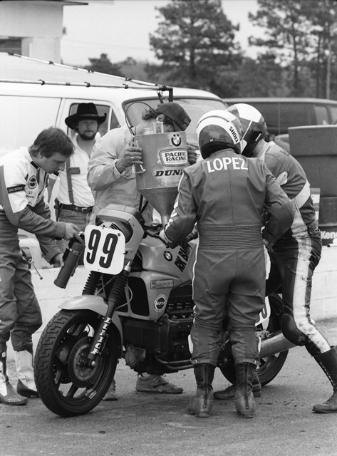 RK BMW - Roebling WERA Endur. 3-90 RK BMW makes a pit stop in the WERA National Endurance race at Roebling Road Raceway, near Savannah, Ga., in March of 1990. Team riders John Lopez and Keith Wakefield finished a surprising fifth in Heavyweight Production. (Larry Lawrence photo)