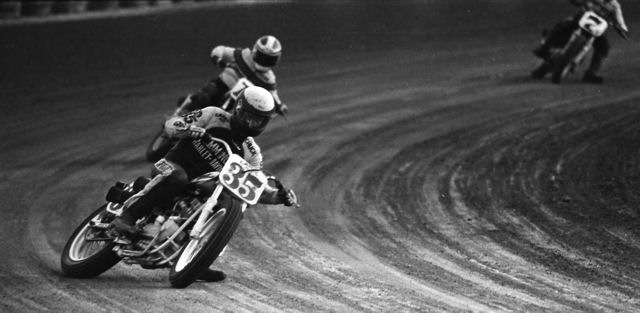 Springsteen, Chuck - Indy '86 Chuck Springsteen breaks out into the sun in practice for the 1986 Indy Mile Grand National. Chuck, the younger brother of the famous Jay Springsteen, only qualified for two Grand Nationals, but was considered one of the greatest ice racers of all time. (Larry Lawrence photo)
