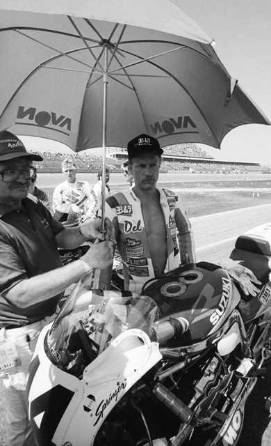 Springsteen - Daytona '90 Jay Springsteen gets ready for the start of the 1990 Daytona 200. Springer finished eighth that year giving him yet another top-10 finish in the 200. (Larry Lawrence photo)