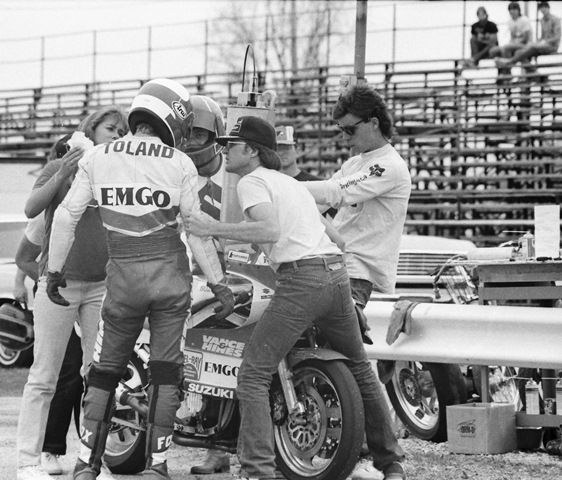 Team Hammer - IRP 4-86 Team Hammer makes a pit stop during the opening round of the WERA National Endurance race at Indianapolis Raceway Park in April of 1986. The riders in the photo are Doug Toland, who is handing off the bike to David Sadowski. The team’s third rider Pat Hernon is fueling the team’s Moriwaki framed Suzuki GS1100-powered machine. Team owner John Ulrich is holding the front of the bike and seems to be intently listening to what Toland is saying. (Larry Lawrence photo)