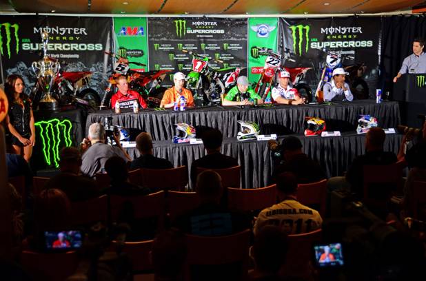 Feld Motor Sports® welcomed the industry, local media, national media, and international media to the annual season-opening press conference from Angel Stadium. Reigning champion, Monster Energy Kawasaki’s Ryan Villopoto, along with the rest of the top five from last season’s final standings – TwoTwo Motorsports/Bel-Ray Racing’s Chad Reed, Red Bull KTM’s Ryan Dungey, Toyota/Yamaha/JGR’s James Stewart, and American Honda Muscle Milk’s Trey Canard – spoke to the attending media, offering their thought’s on the season that lies ahead. (Photo Kit Palmer - Cycle News)