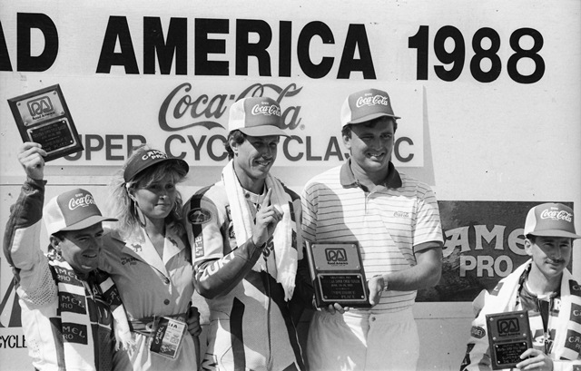 Elkhart SB podium - '88 The winner’s rostrum at the 1988 Road America AMA Superbike round with Doug Polen celebrating his second series win. Sharing the podium with Polen was second-place Bubba Shobert (left) and Randy Renfrow, who was third. (Larry Lawrence photo)