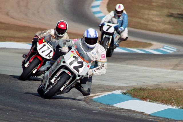 Kovacs, Rick - GSXR1100 Cup '91 Californian Rick Kovacs starts his turn in for turn 5 at Road Atlanta ahead of two other competitors during the 1991 Suzuki GSXR1100 Cup Final. (Larry Lawrence photo)