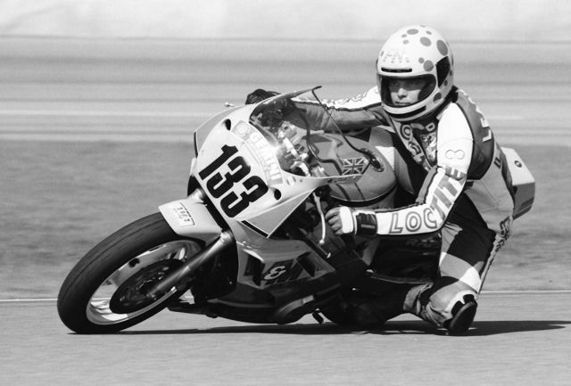 Leach, Dave - Daytona '90 Dave Leach, a multi-time Isle of Man TT winner, racing the 1990 AMA Supersport race at Daytona International Speedway. Leach was once asked by the Daytona media corps what it was like racing on the high banks of Daytona and he was quoted as saying, “Daytona’s a little scary.” The media had a bit of a laugh over that one since the Irishman annually raced the Isle of Man. (Larry Lawrence photo)