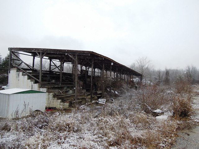 The decaying remains of Marlboro Motor Raceway's main grandstands. (Tom Riles photo)