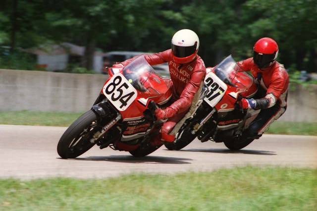 Morrissey - Blackhawk 7-87 Tim Morrissey (No. 854) races Dan Thomsen in a WERA sprint race at Blackhawk Farms Raceway in July of 1987. (Greg Sickmeier photo)