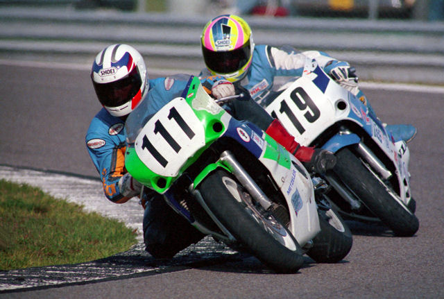 Nelson, Richard - Daytona 750SS '90 Canadian Richard Nelson (No. 111) and Mark Crozier, who at the time lived in Georgia, battle in the 1990 Daytona 750 Supersport race. At the flag Nelson held off Crozier to finish 24th in the 46-rider field. (Larry Lawrence photo)