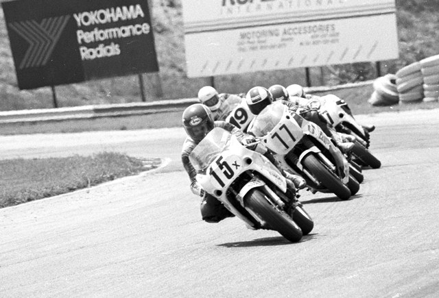 Paulk - Rd. Atl. 750SS '88 Russ Paulk (15x) leads a pack of very talented riders, Mark Chin, Greg Tysor, John Eidenberger and Mike Smith in the Road Atlanta AMA 750 Supersport race in May of 1988. Paulk finished at the head of this pack. (Larry Lawrence photo)