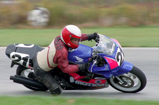 Rauseo, Tony - IRP 10-91 Tony Rauseo has a look of sheer concentration in his eyes as he corners the Motion Systems Racing Honda CBR600 F2 during a SBS/PM WERA National 6-Hour Endurance at Indianapolis Raceway Park in October of 1991. (Larry Lawrence photo)