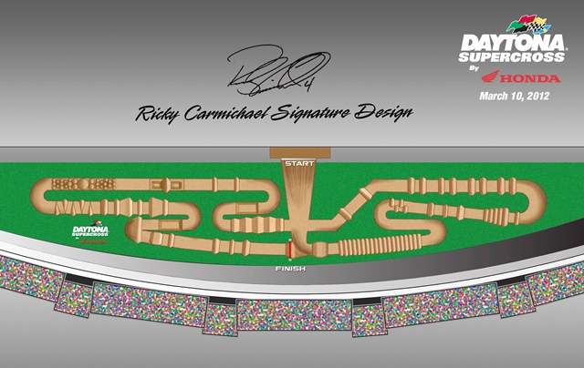 2012 SUPERCROSS_MAP-sm For the fifth-straight year, legendary Supercross champion Ricky Carmichael will challenge riders with his latest signature course design in the 2012 Daytona Supercross By Honda scheduled for Saturday night, March 10, the only AMA Supercross event in Florida this year.