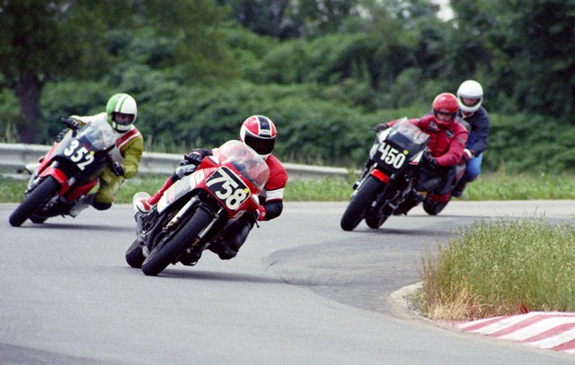 Booth - Still - Kipp - Gateway '86 David Booth (No. 758) leading what may be a B Production Novice race over Jim Still (No. 352) and none other than Tom Kipp (No. 450) in a WERA Sprint race at Gateway International Raceway in June of 1986. (Larry Lawrence photo)