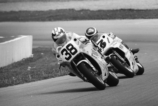 Kawasaki’s Linnley Clarke (No. 38) leads fellow Canadian Tommy Douglas on his Yamaha during the Canadian round of the World Superbike Series at Mosport in June of 1990. (Larry Lawrence photo)