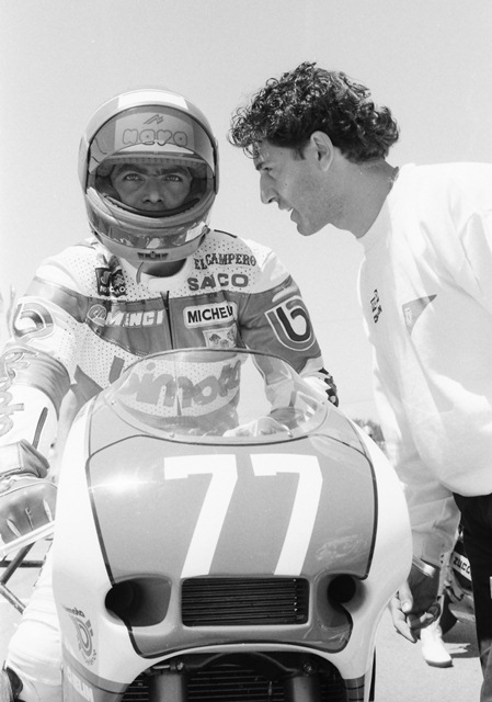 Giancarlo Falappa’s eyes display the intensity of his approach to racing, as he prepares to start of the Canadian round of the World Superbike Championship in June of 1989. (Larry Lawrence photo)