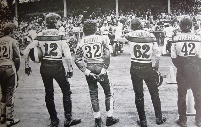 GNC Rider numbers '77 Billy Oliver, Ted Boody, Garth Brow, Corky Keener and Steve Morehead line up for introductions before a flat track race, probably in 1977. Boody finished runner up to fellow Michigander Jay Springsteen in the AMA Grand National Championship that year. Brow earned rookie of the year honors. (AMA Press Kit photo)