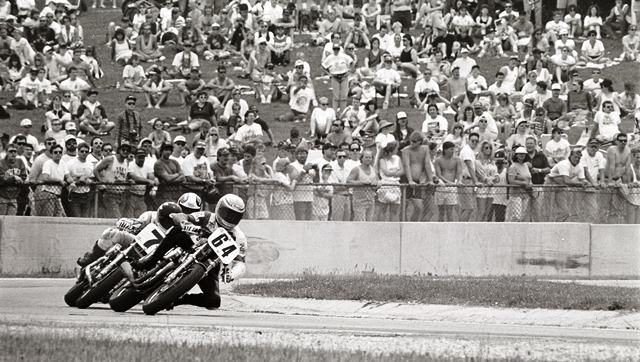 Graham 883 - Elkhart '93 Ricky Graham leads Richard Koehler and Jay Springsteen through Road America’s famous turn five in front of a big crowd during the Harley-Davidson 883 Twin Sport race in June of 1993. (Larry Lawrence photo)