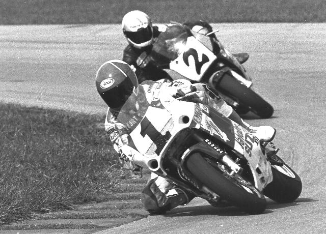 Hall - Fenwick - IRP Kurt Hall, racing the Team Suzuki Endurance machine, leads Human Race Team’s Andy Fenwick during a WERA National Endurance Series race at Indianapolis Raceway Park sometime in the early 1990s. A few years earlier Hall and Fenwick were teammates on the championship-winning Human Race Team. (Larry Lawrence photo)
