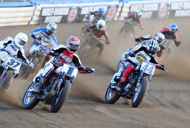 AMA Grand National Champion Jake Johnson leads a Heat race over Brandon Robinson (No. 44), Jimmy Wood (No. 37), Shawn Baer (No. 32), Adam Carpinello (No. 58), Scott Baker (No. 11) and others at the Lima Half-Mile on June 25, 2011. The track famous for its cushion racing surface. (Larry Lawrence photo)