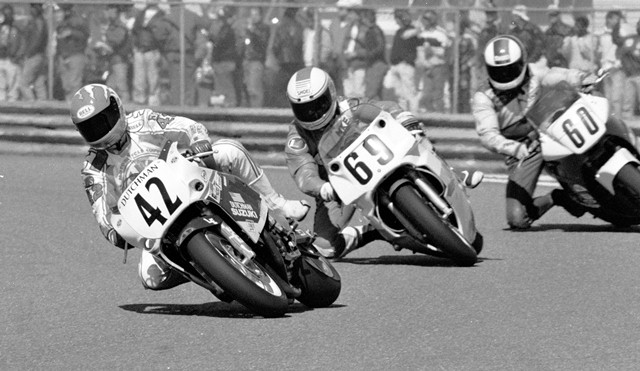 Morehead - Walsh - Pummell - Daytona '91 There was plenty of good action in the pack during the talent-laden 1991 Daytona 200 by Arai. This photo shows one of many races within the race at Daytona that year. Flat tracker Steve Morehead, racing a Dutchman Suzuki, leads Canadian Mike Walsh on a Leitner & Bush Yamaha OW01 and Ohioan Phil Pummell on his Pummell Racing Honda VFR750. (Larry Lawrence photo)