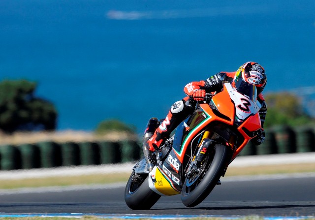 SBK_Biaggi_action-sm Biaggi won the first encounter by seven seconds from Melandri and third was a closely following Sylvian Guintoli after a dramatic contest on many levels.