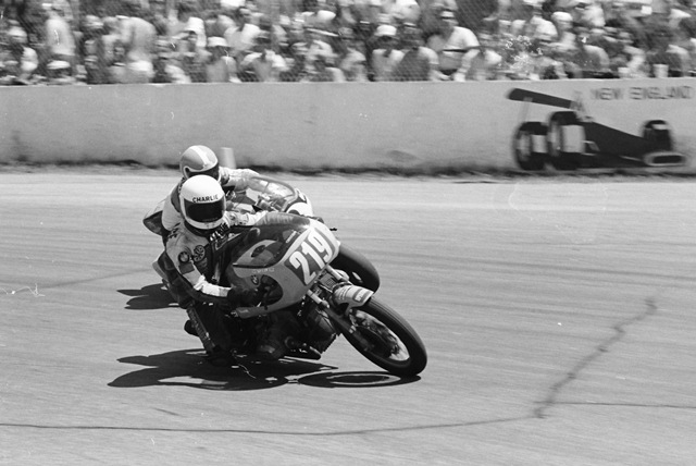 Wallace, Charlie - Loudon BOTT '86 Charlie Wallace, of Denville, N.J., corners his BMW in the AMA Battle of the Twins race at Bryar Motorsports Park in Loudon, N.H., in June of 1986. Coming around the outside of Wallace is Harley-Davidson BOTT star Gene Church, who went on to win the race. (Larry Lawrence photo)