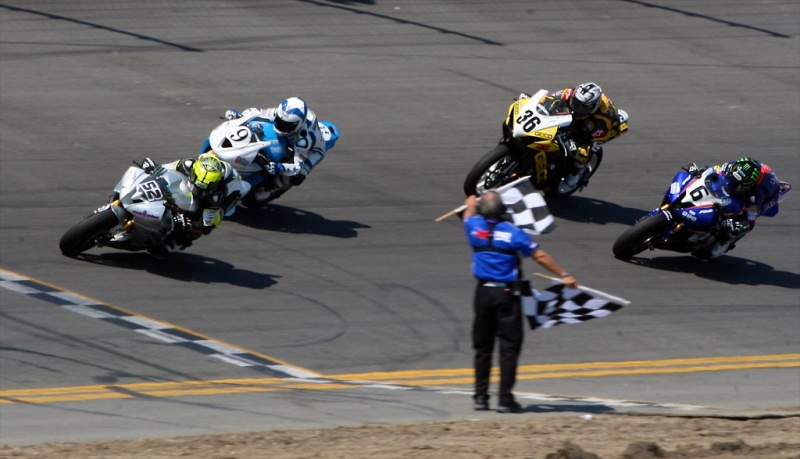 Daytona 200 finish In a thrilling finish, Joey Pascarella edges Jason DiSalvo (No.9), Martin Cardenas (No. 36) and Cameron Beaubier (No. 6) at the checkered flag in Saturday’s Daytona 200. (Courtesy DIS)