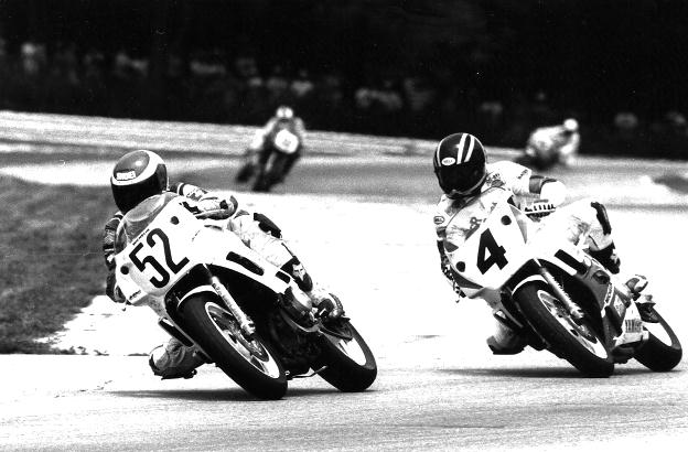 Farmer - Ashmead - Elkhart '89 Jeff Farmer leads fellow Floridian John Ashmead in their battle for the 1989 Road America 600 Supersport final. Farmer held off Ashmead to take the victory that day in Elkhart Lake. (Larry Lawrence photo)