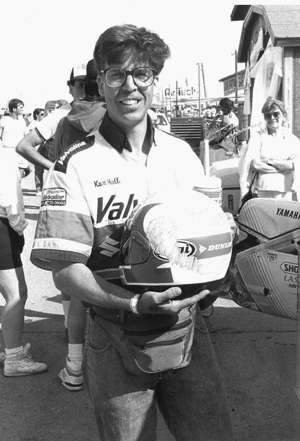 Hall crashed helmet Kurt Hall rarely crashed, but when he did it could be a big get off. Here Hall shows one of his helmets after one such crash that kept him out of a race in the WERA Pro Formula USA Series. (Larry Lawrence photo)