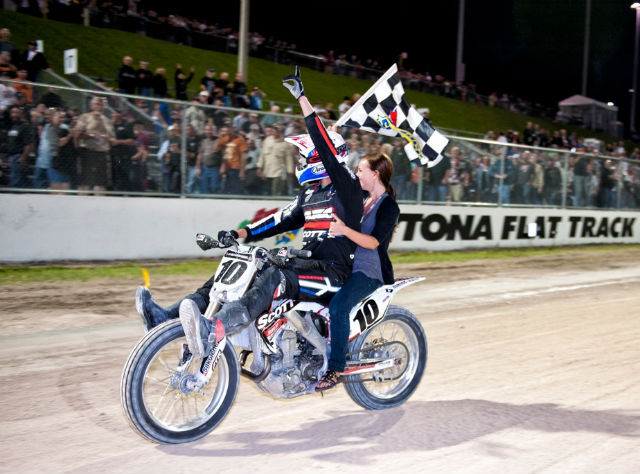 Johnny Lewis got his first win in the AMA Pro Harley-Davidson Insurance Grand National Championship presented by Motorcycle-Superstore.com at the opening round, the Daytona Short Track on Thursday, March 15.  (Photo by Yve Assad of TheFastandDirty.com)