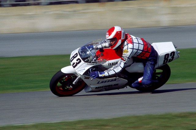 Moore, Richard - Daytona 1989-sm Richard Moore enters a turn on the Lassak Racing Yamaha in the 1989 Daytona 250 Grand Prix final. Moore raced to an excellent podium finish that day at Daytona International Speedway in spite of being mired at the back of the pack after his bike booged on the start. (Larry Lawrence photo)