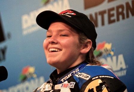 Myers - Daytona Suzuki rider Elena Myers of Discovery Bay, Calif., became the first female to win a professional motorsports event at Daytona International Speedway on Sunday when she captured the AMA Pro Motorcycle Superstore.com SuperSport race.