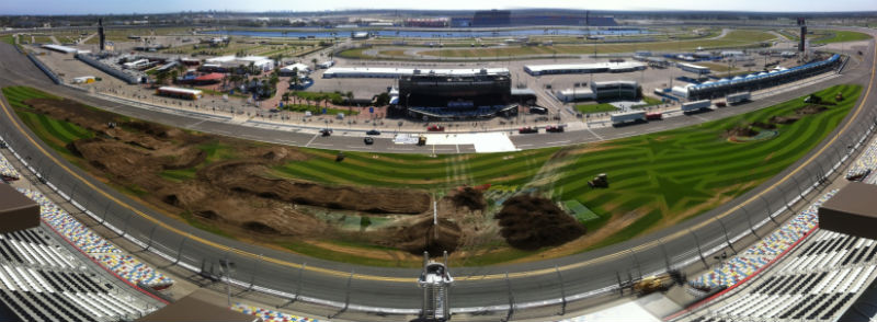 Construction began to transform the famous Daytona International Speedway tri-oval into a challenging Supercross course for the Daytona Supercross By Honda, which will be held on Saturday night, March 10. (Courtesy DIS)