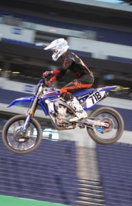 Matt Schneider practices at Lucas Oil Stadium in Indianapolis, on Thursday, March 15, in preparation for Saturday’s Indy Supercross. He’s hoping updates to his suspension by Pro Circuit will be enough to put him in the evening program this weekend. (Larry Lawrence photo)