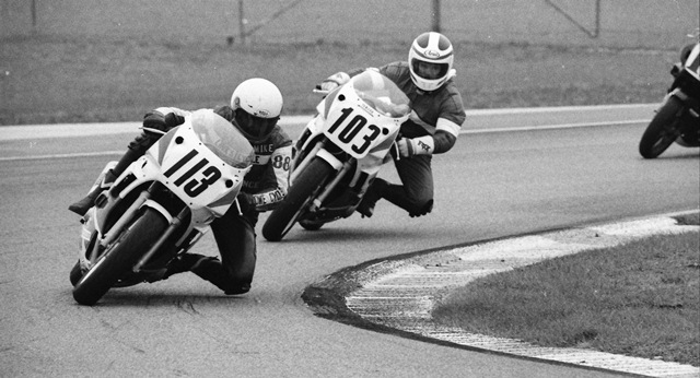 Scott, Mike - Daytona 600SS '89 Mike Scott, of Macungie, Pa., leads Gus Christensen in the 1989 Daytona 600 Supersport race. Scott was a flat tracker, turned road racer and finished a very respectable 16th in the 80-rider Supersport field at Daytona that year. (Larry Lawrence photo)
