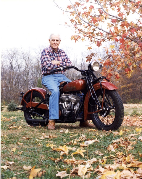 Dad on 101007 Donald Barnes and his beloved Indian Scout were apart for 35 years, but thanks to his wonderful wife Dorothy, she tracked down the machine and bought it back for her husband. It needed a lot of work, but here's Donald sitting on the restored machine. (Larry Barnes Collection)