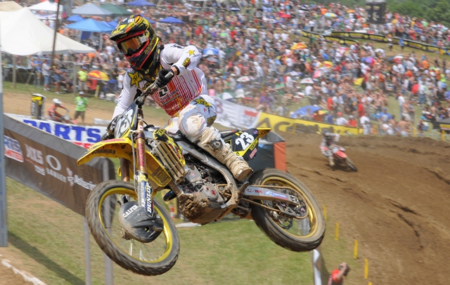 Ecuador’s Martin Davalos is one of the nicest riders in the game, but he’s not afraid to get aggressive on the track. This is Davalos at High Point last year (2011) on his Rockstar Energy Suzuki. (Larry Lawrence photo)