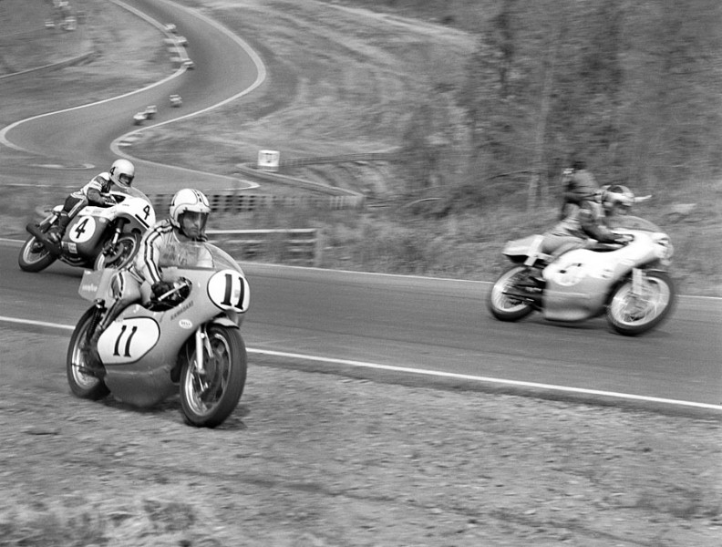 Du Hamel in dirt Kawasaki ace Yvon Du Hamel takes to the dirt on his factory Kawasaki H1R, powered by a 500cc three-cylinder, air-cooled two-stroke triple at the 1971 AMA Road Race National at Road Atlanta. Fellow Kawasaki rider Ralph White (No. 47) and Dick Mann (No. 4) on his BSA Rocket 3 (the trio of riders all on three-cylinder bikes incidentally) go zipping past. (Bud Turner Collection)