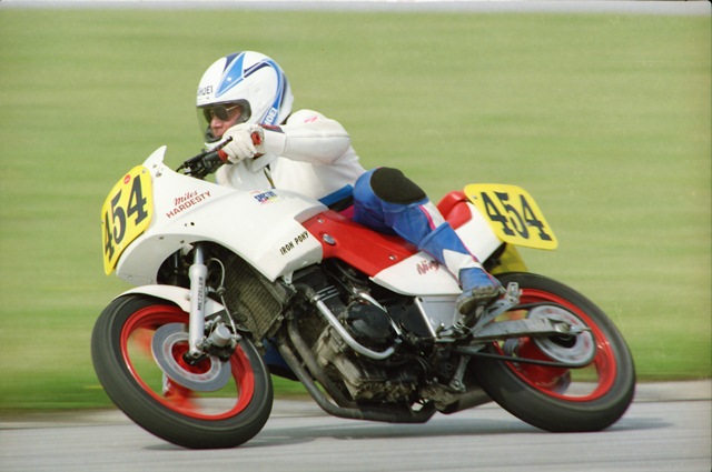 Hardesty - IRP '92 Miles Hardesty races his Kawasaki EX250 through the carousel at Indianapolis Raceway Park during a WERA D Production race in April of 1992. Hardesty scored a pair of podium results on the little Ninja that day in Indy – one in this race and another in Formula Two. (Larry Lawrence photo)