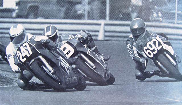 Heino - Daytona 250GP '85 Jeff Heino leads a good battle inside the top 10 of the Daytona International Lightweight race at Daytona International Speedway on March 9, 1985. Heino is just ahead of Joey Sommers (No. 9) and Venezuelan Alejandro Aleman (No. 692). On this day it was Heino who came out on top of this group, finishing seventh in the race won by Freddie Spencer. (Courtesy DIS)