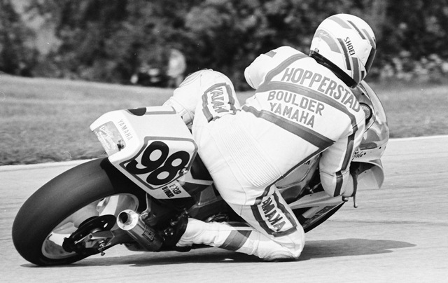 Hopperstad, John - Elkhart '90 John Hopperstad is the very picture of a smooth riding style as he speeds through a corner on his Boulder Yamaha sponsored Yamaha FZR750 Superbike during the AMA Superbike race at Road America, in Elkhart Lake, Wisconsin, in June of 1990. (Larry Lawrence photo)