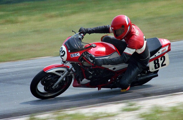 Huneycutt, Chuck - Roebling 7-86 Chuck Huneycutt corners his Yamaha RZ350 in a WERA sprint race at Roebling Road near Savannah, Georgia, in July of 1986. Huneycutt was one of the leading D Production racers in WERA that season. (Larry Lawrence photo)