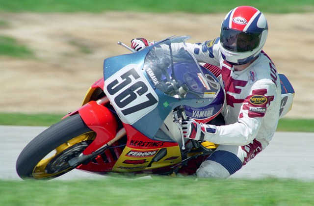 Hutcheson, Greg - Putnam May '95 Greg Hutcheson leans his Yamaha YZF750R into a turn at Putnam Park Road Course during a WERA A Superstock race in May of 1995. Hutcheson was fast on his Yamaha that day, collecting three podium finishes in a crowded field of riders. (Larry Lawrence photo)
