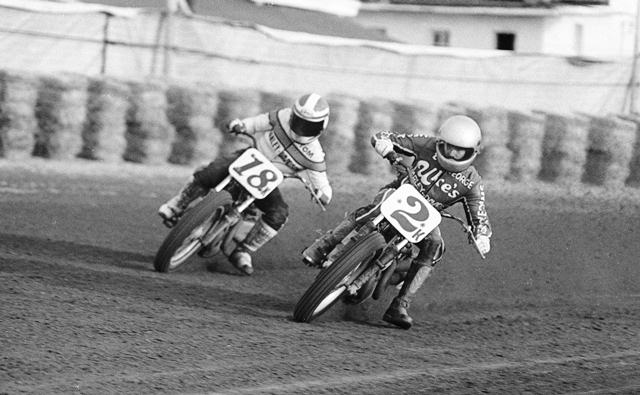 George Istvanek (2K) and Tommy Colson (18K) battle through turn one at the Indy Mile in a Heat race for the Grand National at the Indiana State Fair in 1986. Istvanek and Colson were both out of Wisconsin. (Larry Lawrence photo)