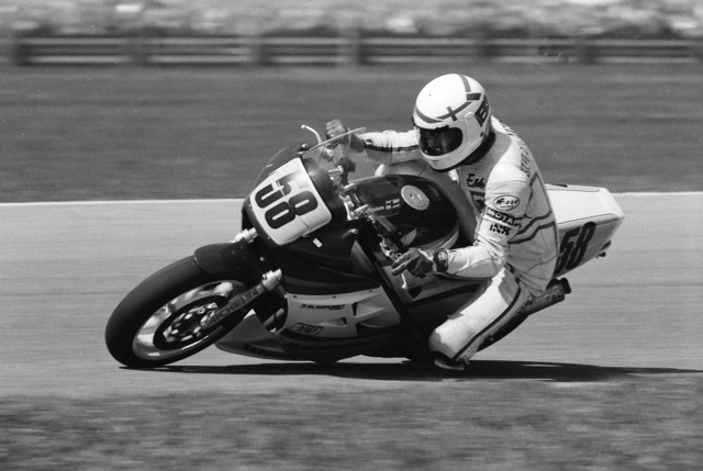Kuparinen, Esko - Daytona 1990 Finnish rider Esko Kuparinen runs his Motomarket Honda through the dogleg at Daytona International Speedway during the 1990 Daytona 200. Esko had quite a road racing career that spanned several generations of machines. He raced GPs from the 1960s through the ‘90s. (Larry Lawrence photo)