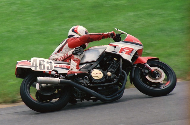 John Madry races his Yamaha FZ750 through “The Bowl” turn at Grattan Raceway during a WERA Sprint race in August of 1987. This corner was the most popular spot for spectators to watch the races at Grattan. (Greg Sickmeier Collection)